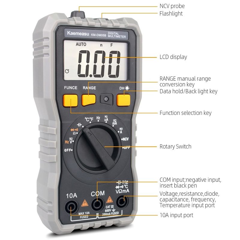 Mini Multimetro Digital DC/AC Amperio de Voltado Corriente Ohm Temperatura T-rms Multimetro digital de alta precisión para electricistas