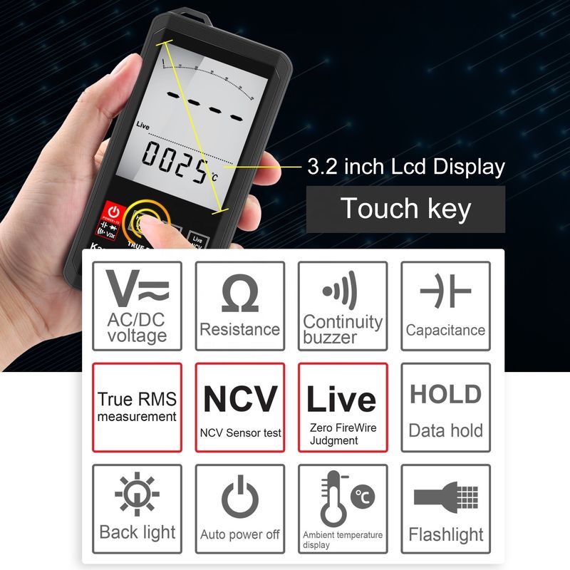 Gran pantalla Auto Rango Toque Multimetro Digital Verdadero RMS Multimetro Digital AC DC Voltado Mini Multimetro de bolsillo