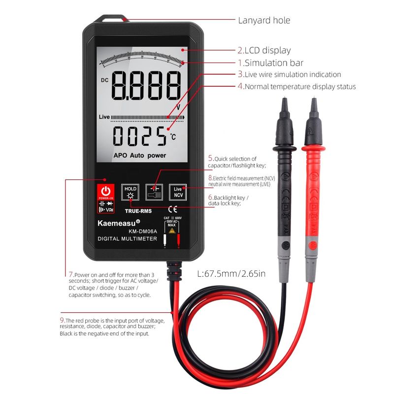 Gran pantalla Auto Rango Toque Multimetro Digital Verdadero RMS Multimetro Digital AC DC Voltado Mini Multimetro de bolsillo